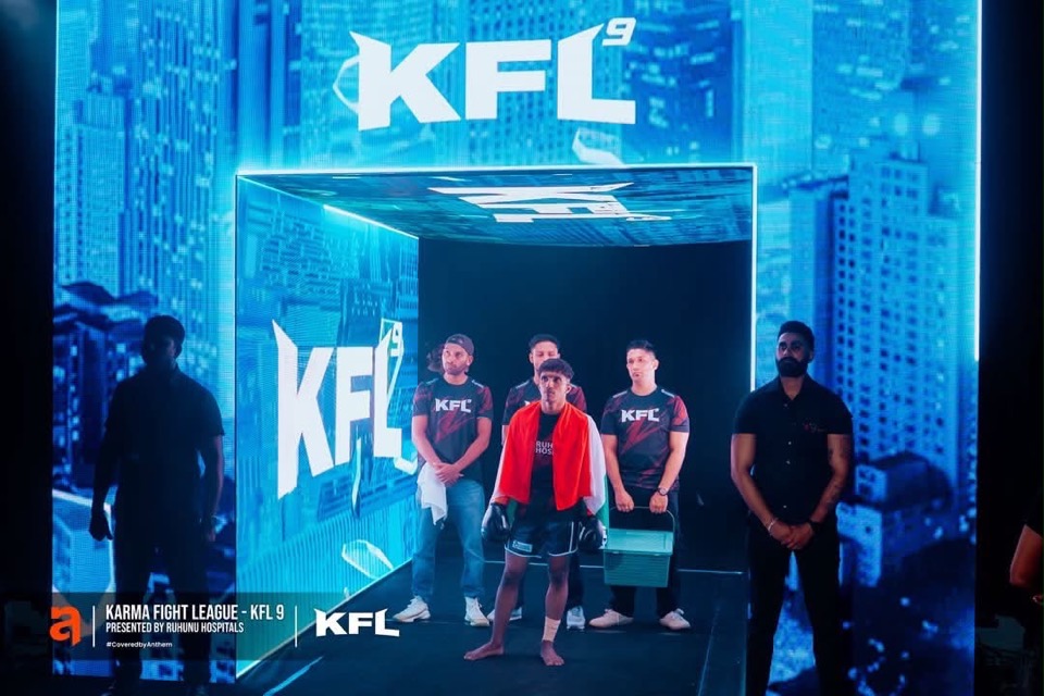 Fighters waiting in an LED entrance tunnel